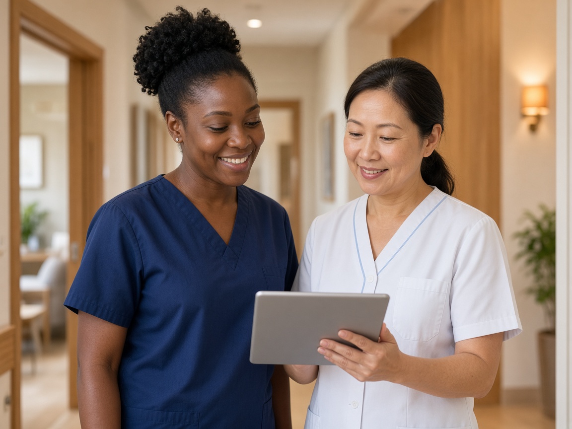 Care staff in a residential facility reviewing a tablet