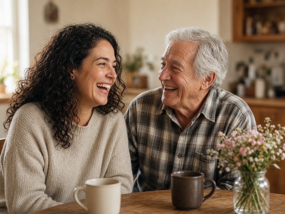 An adult daughter and her father laughing together at the kitchen table