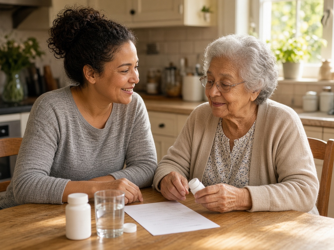 A family caretaker helping a parent at the kitchen table