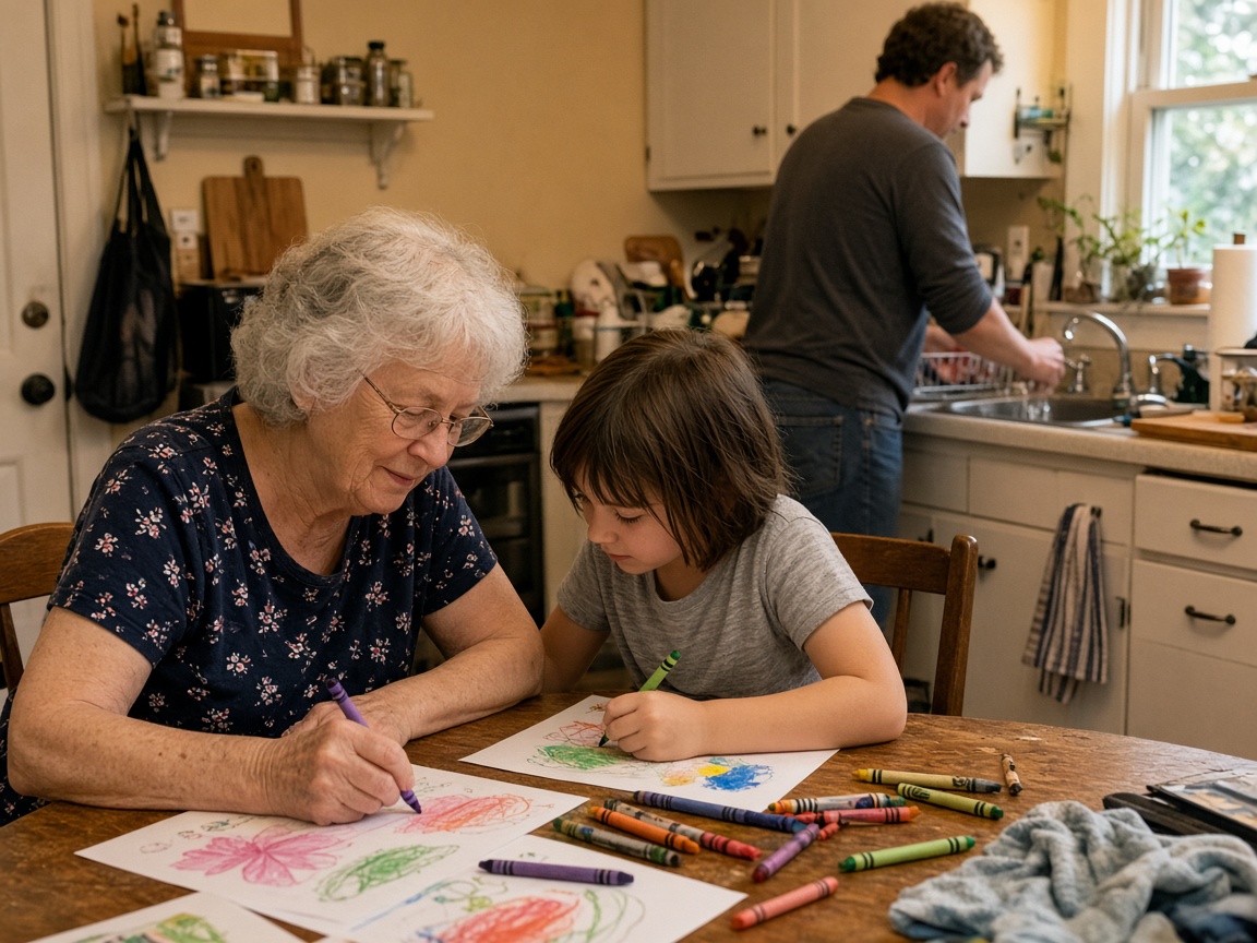 A grandmother and grandchild coloring together in the kitchen